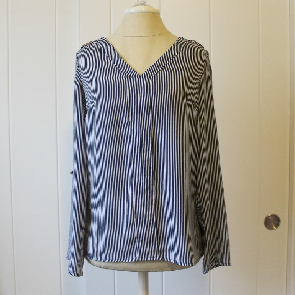 Dress Barn White Blue Vertical Stripe VNeck Blouse